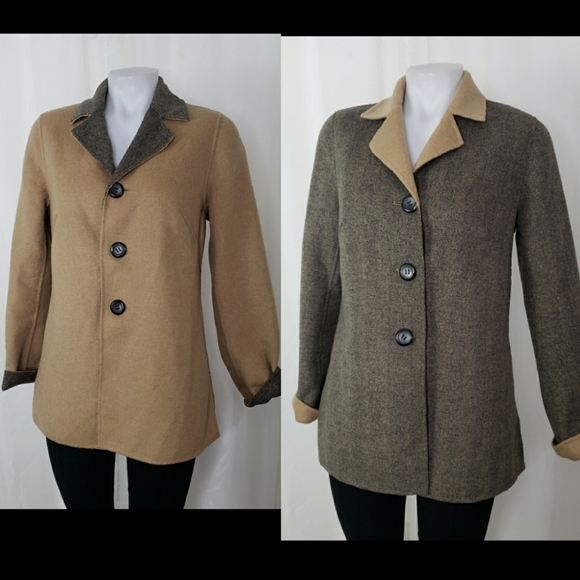Reversible wool jacket tan camel gray herringbone size medium - Picture 1 of 9